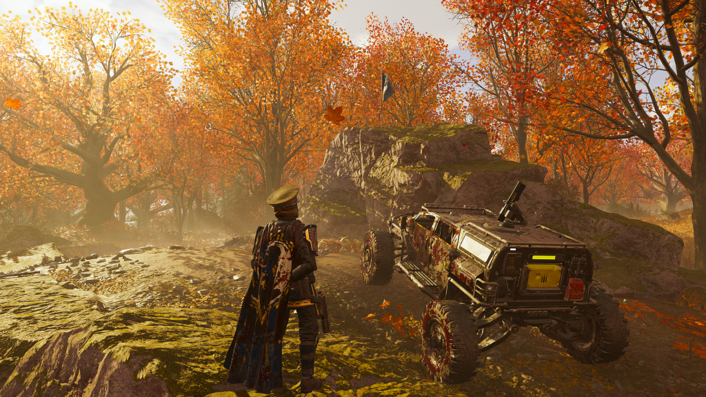 Helldivers 2 gameplay screenshot showcasing the M-103 Supply FRV parked on a small hill.