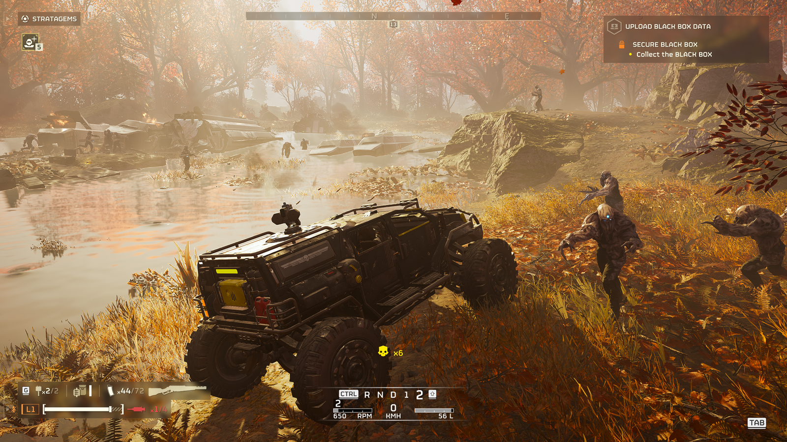 Helldivers 2 gameplay screenshot showing the automated turret on the Supply FRV in action.