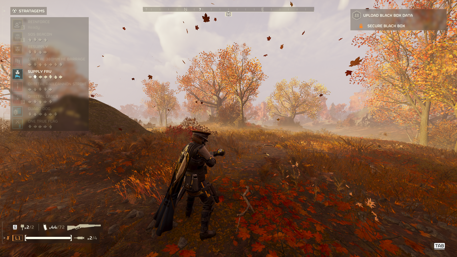 Helldivers 2 gameplay screenshot showing the player inputting the stratagem code for the M-103 Supply FRV.