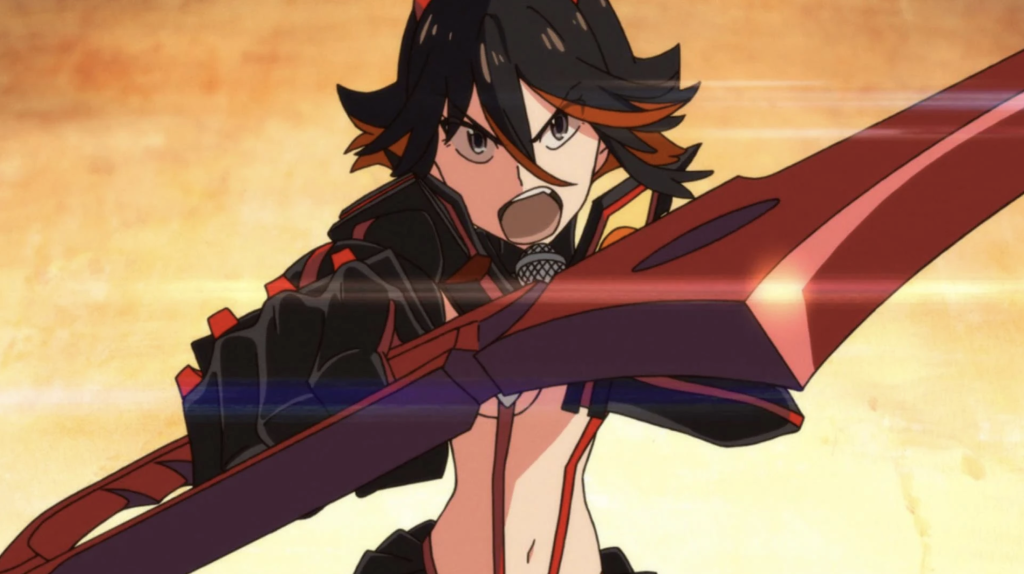 This image features Ryuko Matoi from the anime series Kill la Kill and she is shown wielding a crimson Scissor Blade, a weapon used to investigate her father's murder