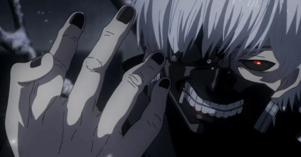 This character is Ken Kaneki from the anime series Tokyo Ghoul and he is shown here in his ghoul form, recognizable by his white hair, black nail polish, and specialized mask
