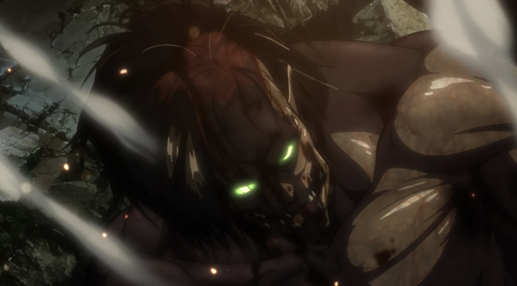 In this moment in Attack on Titan, Eren's Titan form enters a berserk state after being defeated by the Female Titan, characterized by glowing green eyes and intense rage
