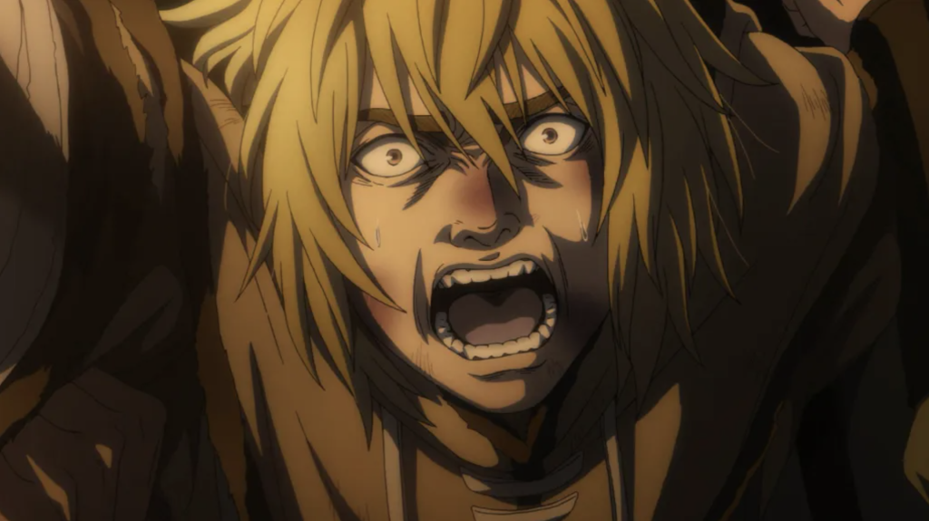 This image features the character Thorfinn from the anime series Vinland Saga and it is from the first season finale, episode 24, titled "End of the Prologue". The scene depicts a highly emotional moment for the character, often discussed by viewers as a standout finale