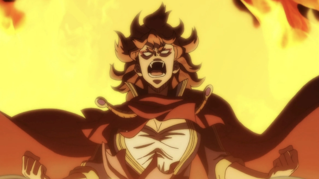 This scene features Mereoleona Vermillion, the loud and powerful captain of the Crimson Lions squad from the anime Black Clover
