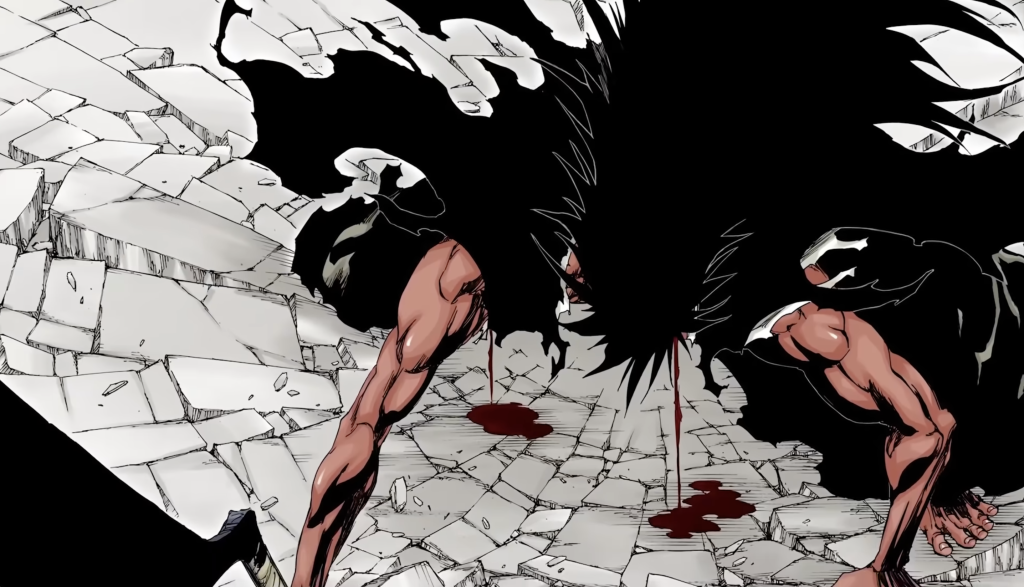 This image features Kenpachi Zaraki from the anime and manga series Bleach and he is depicted in his Bankai form, which grants him immense physical strength and cutting power. In this state, Kenpachi's skin turns red, he gains black markings, and he acts as a mindless berserker