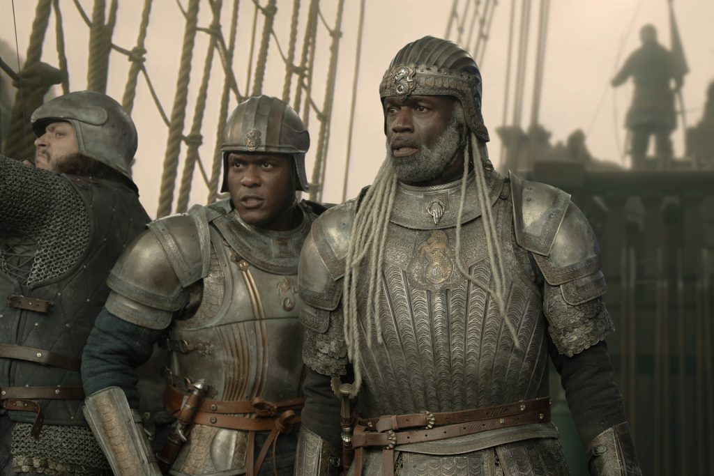 House of the Dragon Season 3 Episode 1 Spoiler Recap and Review 1 House of the Dragon Season 3 Episode 1 - abubakar salim and steve toussaint stand on the bridge of a ship.