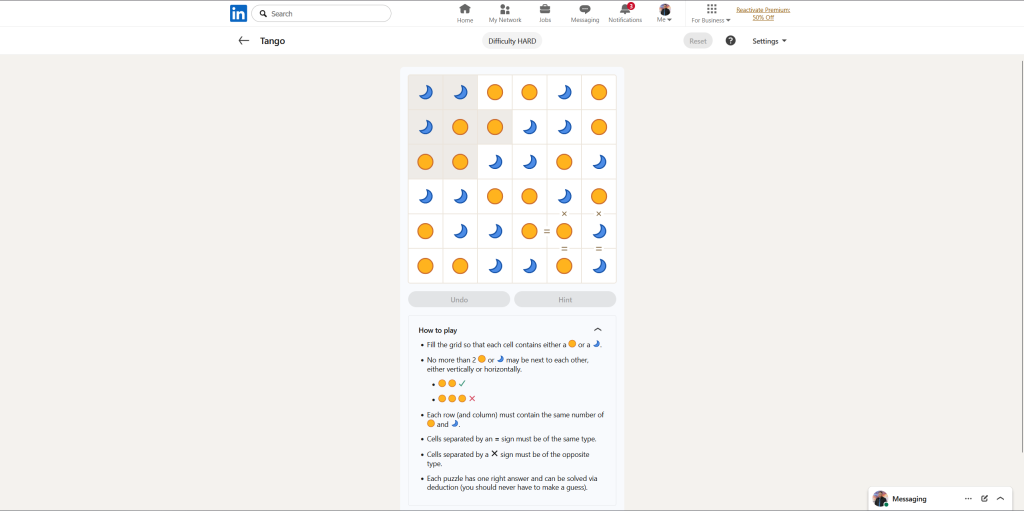 A screenshot of the daily LinkedIn Games puzzle.