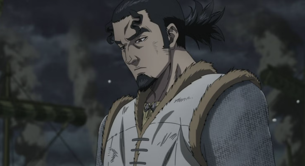 This is a scene from the anime series Vinland Saga. The character shown is Thors Snorresson, a renowned warrior known as the "Troll of Jom".
