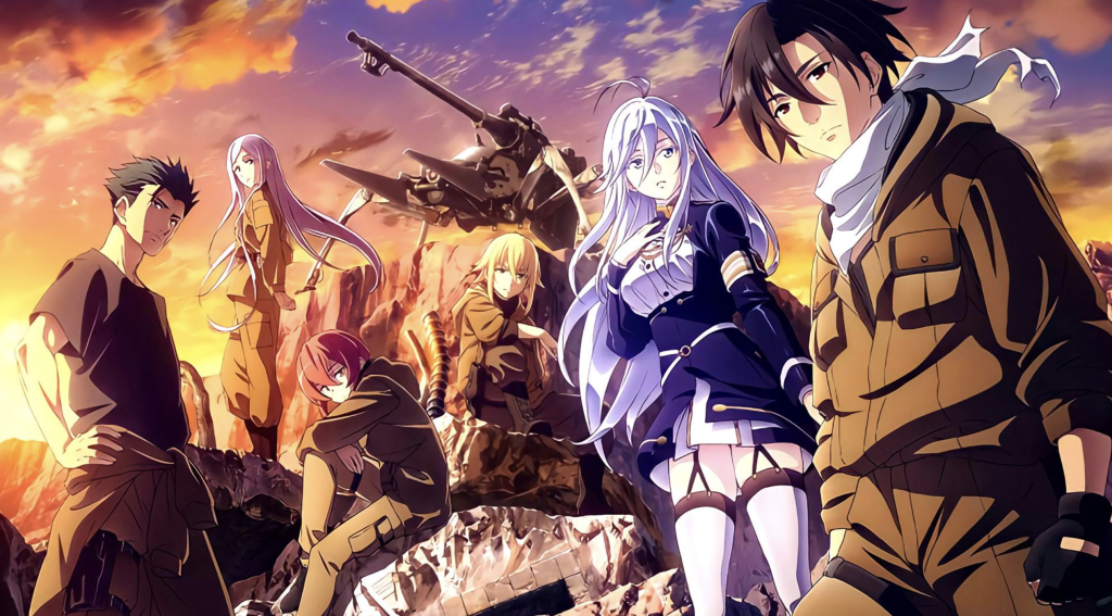  Eighty-Six. The series features a war drama centered around the conflict between the Republic of San Magnolia and the Legion and the characters shown include Shinei Nozen and Vladilena Milize alongside their combat mecha, the Juggernaut.