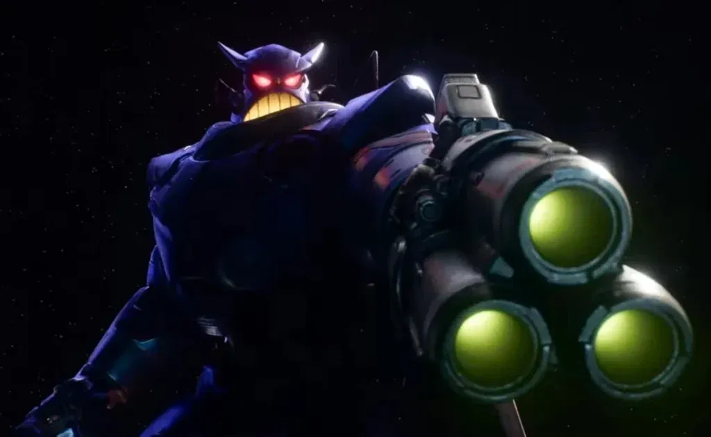 Emperor Zurg looms menacingly in outer space, his glowing red eyes and massive triple-barreled blaster pointed directly at the camera.