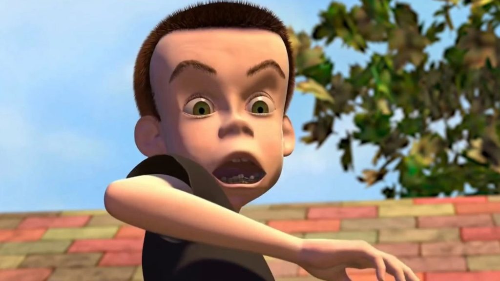Sid Phillips stares in shock with wide eyes and an open mouth in a scene from Toy Story, moments after discovering that toys can come to life.