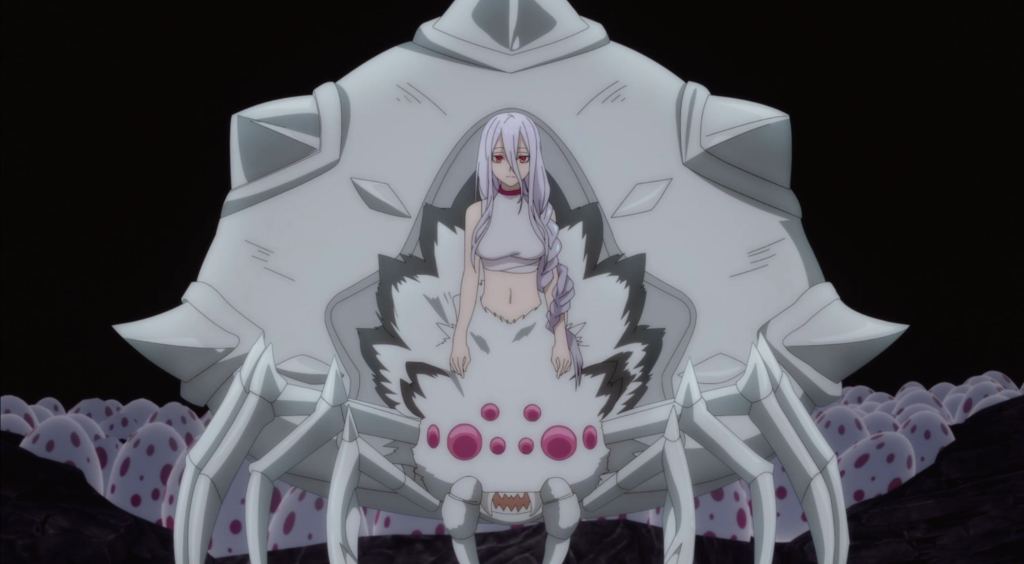 This scene features the character Kumoko from the anime So I'm a Spider, So What?. She is depicted in her Arachne form, an evolution combining a human torso with a spider body.