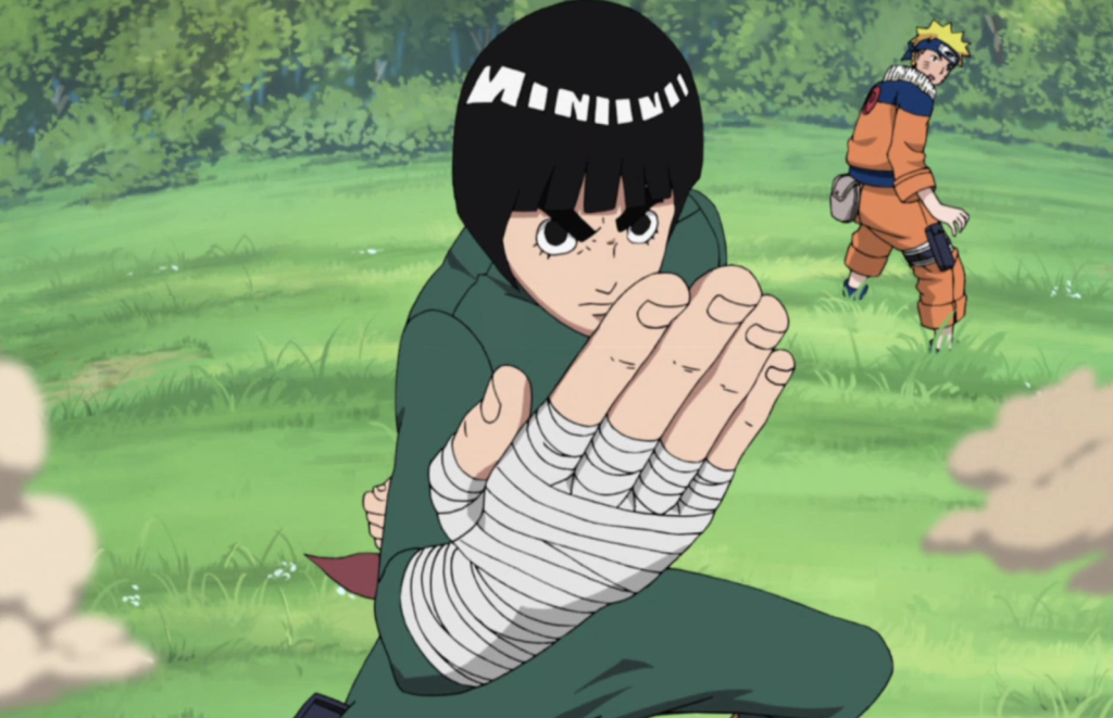 This image features Rock Lee, a prominent character from the Naruto anime and manga series.He is known for specializing in Taijutsu (hand-to-hand combat) rather than Ninjutsu.
