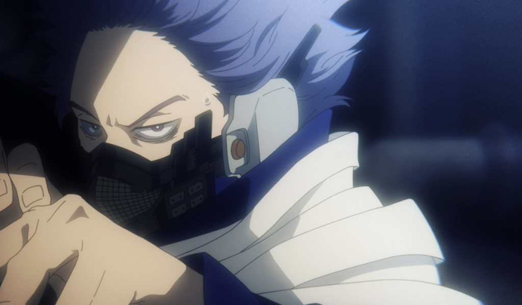 This image features Hitoshi Shinso from the anime series My Hero Academia. It is a still from Season 5, Episode 3 (titled "Make It Happen, Shinso!"), originally aired in April 2021. Shinso is shown wearing his persona chords around his neck and a mask designed to mimic others' voices to enhance his brainwashing quirk