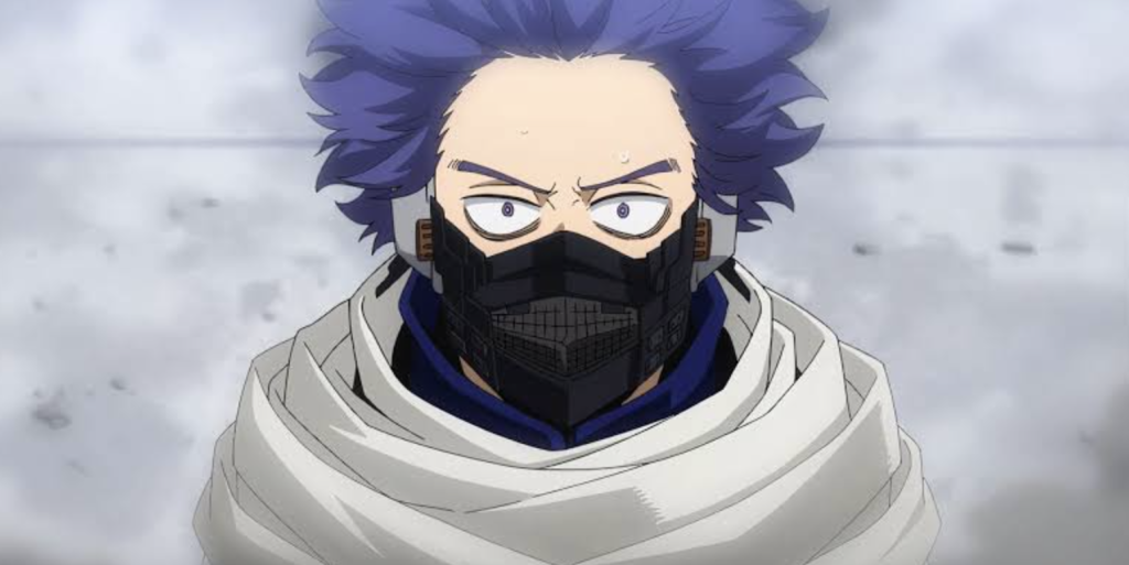 This character is Hitoshi Shinso from the anime series My Hero Academia. He is featured wearing his persona cord mask, a device modeled after Aizawa's capturing weapon to help him mimic voices for his Quirk.