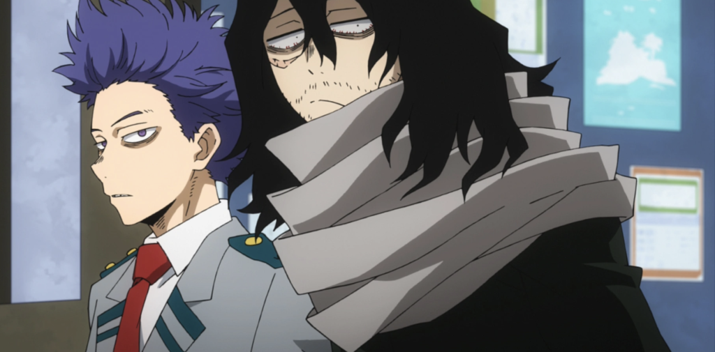 This scene features Hitoshi Shinso (left) and his mentor Shota Aizawa (right), also known as Eraser Head, from the anime My Hero Academia. Aizawa is mentoring Shinso in combat techniques and the use of his binding cloth weapon.