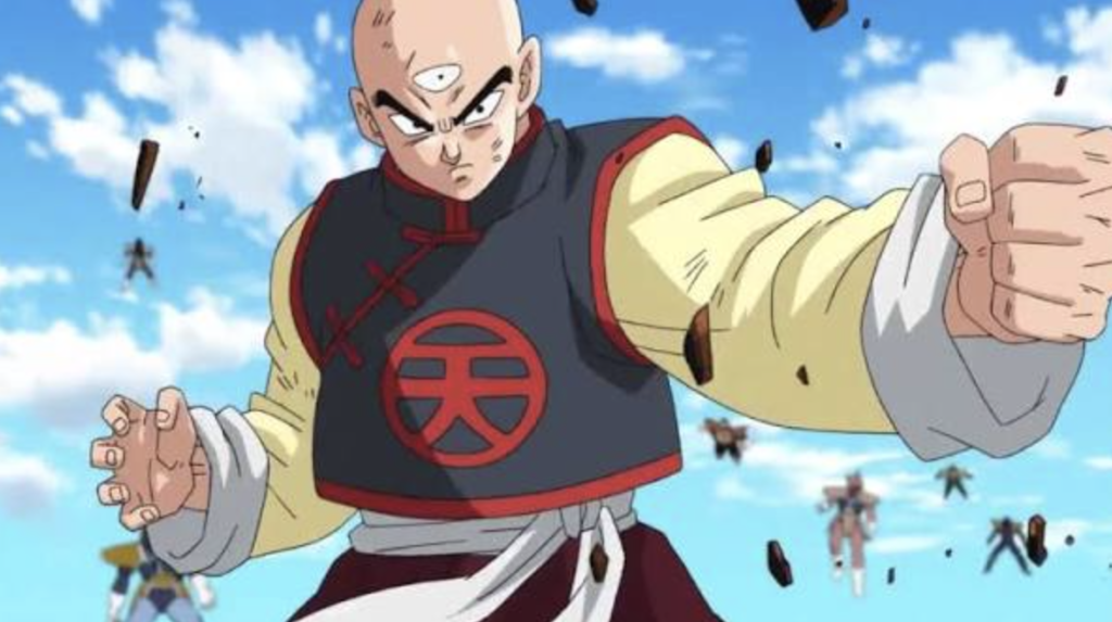 This image features Tien Shinhan from the Dragon Ball Super anime series.