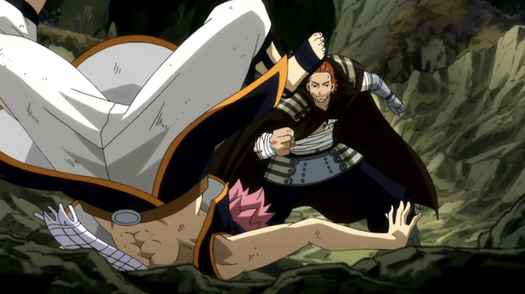 This scene depicts a fight from the Tenrou Island arc of the anime Fairy Tail. The character with orange hair is Gildarts Clive, the strongest mage in the Fairy Tail guild. Gildarts is shown using hand-to-hand combat to overwhelm and strike down Natsu Dragneel.