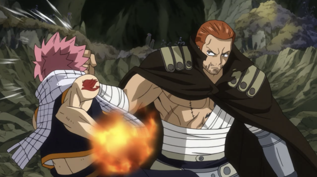This image is from Fairy Tail, specifically showing a fight between Natsu Dragneel and Gildarts Clive. It is likely from Episode 99, titled "Natsu vs. Gildarts," which aired in 2011.