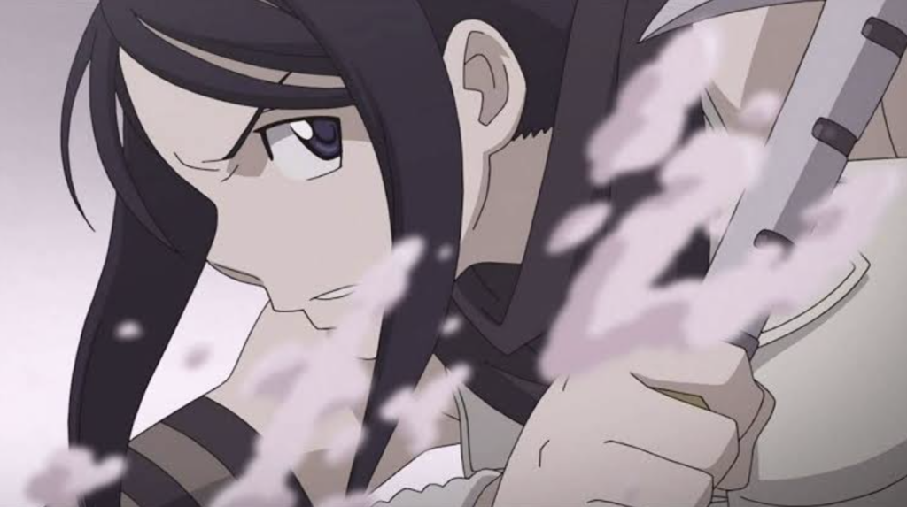 This image features Tsubaki Nakatsukasa from the anime series Soul Eater. She is a "demon weapon" capable of transforming into various ninja tools, including shurikens, smoke bombs, and a ninja blade.