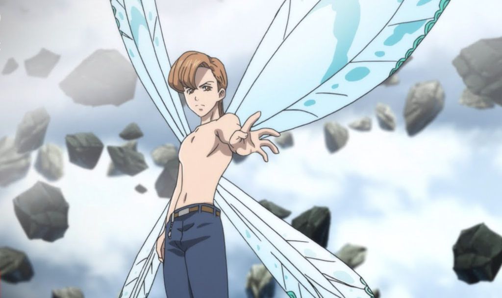 This is King (Harlequin) from the anime series The Seven Deadly Sins. The image depicts him with his fully grown fairy wings awakened in Dragon's Judgement.