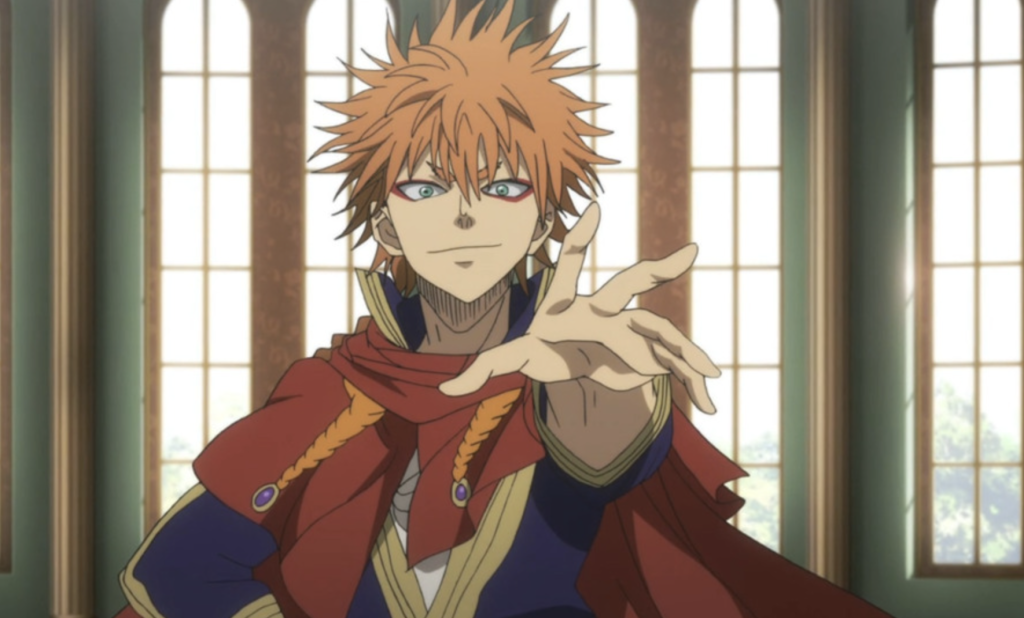 This is Leopold Vermillion, a hot-blooded noble and member of the Crimson Lion Kings squad from the anime Black Clover.
