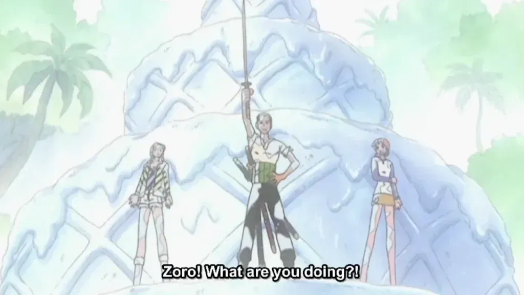One Piece featuring Vivi, Zoro, and Nami trapped on top of Mr. 3's large, melting white wax cake structure.