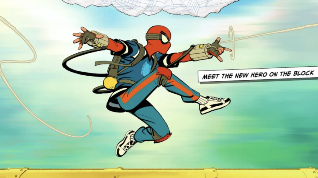 This image is from the animated series Your Friendly Neighborhood Spider-Man, featuring Peter Parker in a stylized, early-comic book costume.