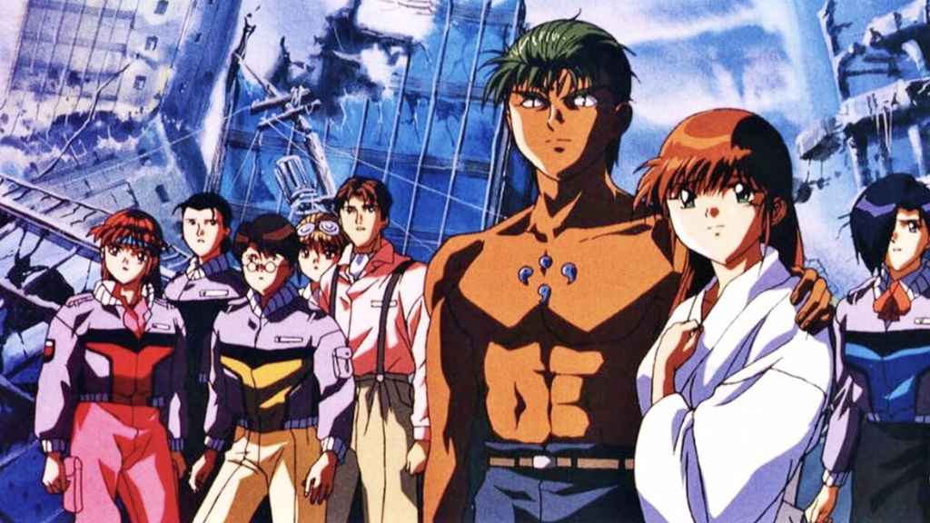 This image features characters from the 1996 anime series Blue Seed. 