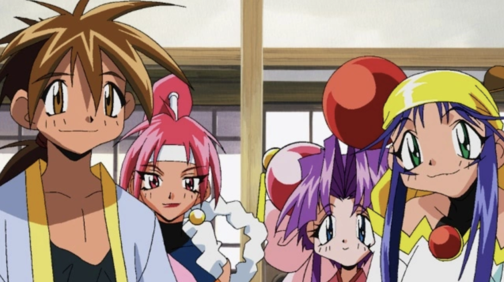 This image features characters from the 90s science fiction comedy anime series Saber Marionette J.