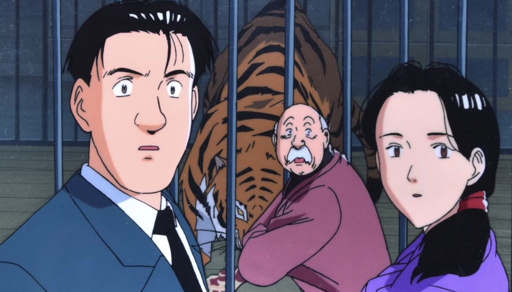 This scene is from the 1990s anime series Master Keaton, specifically featuring the main character Taichi Hiraga-Keaton.
