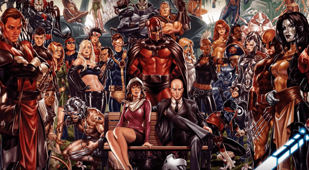 Illustration featuring Magneto, Professor X, Wolverine, Cyclops, Emma Frost, Jean Grey, Storm and numerous X-Men and mutant characters from Marvel Comics.