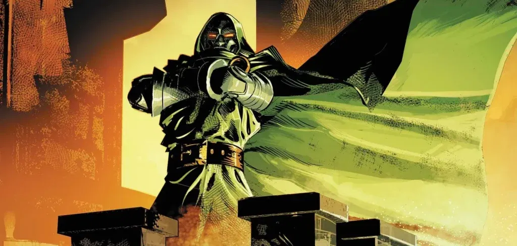  Doomsday, standing with his green hooded cloak billowing behind him as he points forward in a commanding pose.