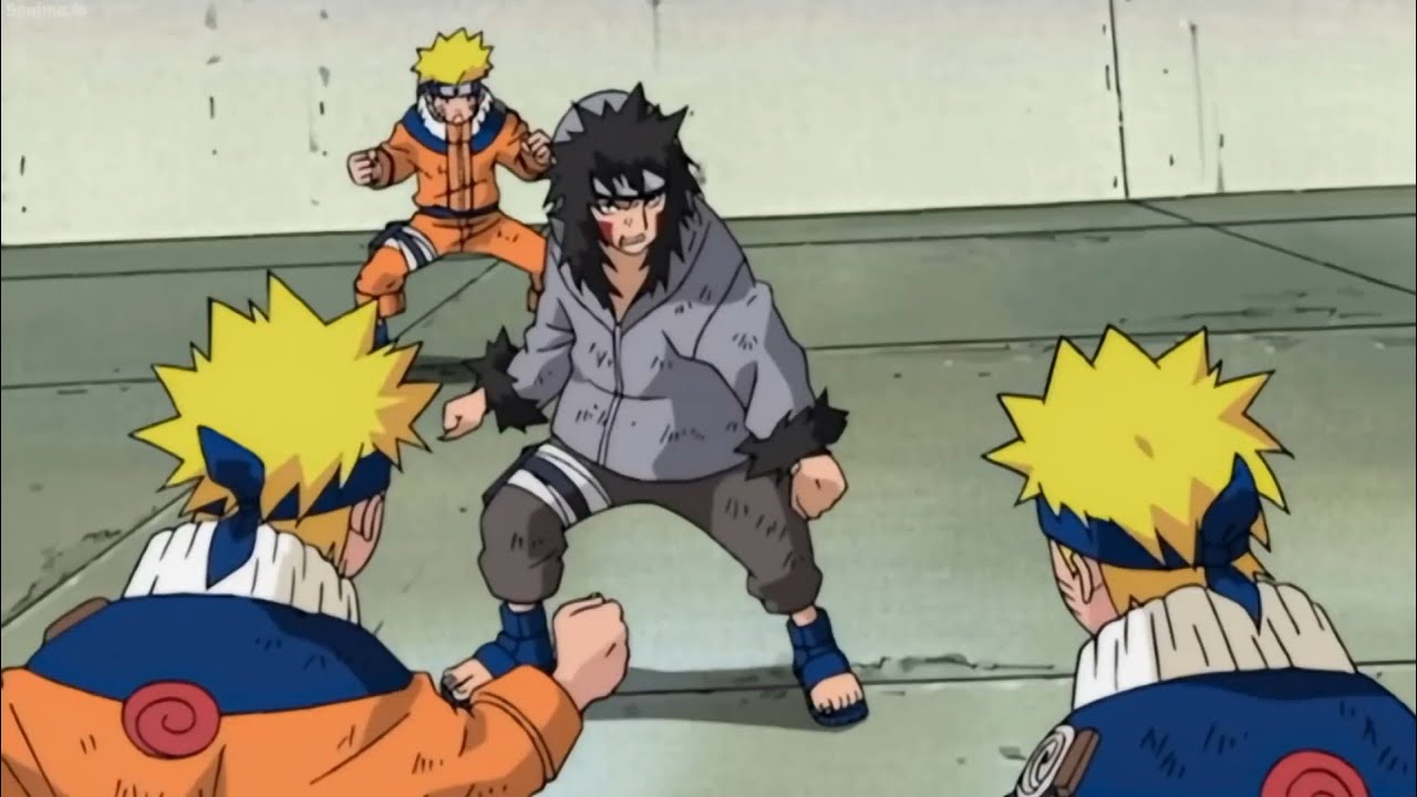 Naruto using his shadow close technique against Kiba in Naruto. 