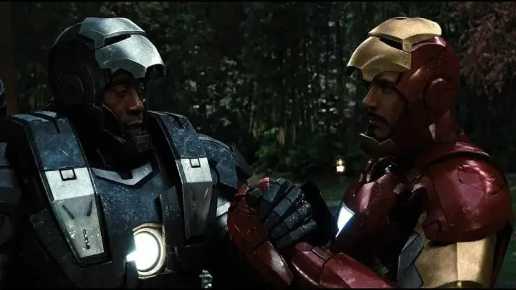 Don Cheadle and Robert Downey Jr. as James Rhodes and Tony Stark in Iron Man 2 - deemed one of the best mcu bromance duo