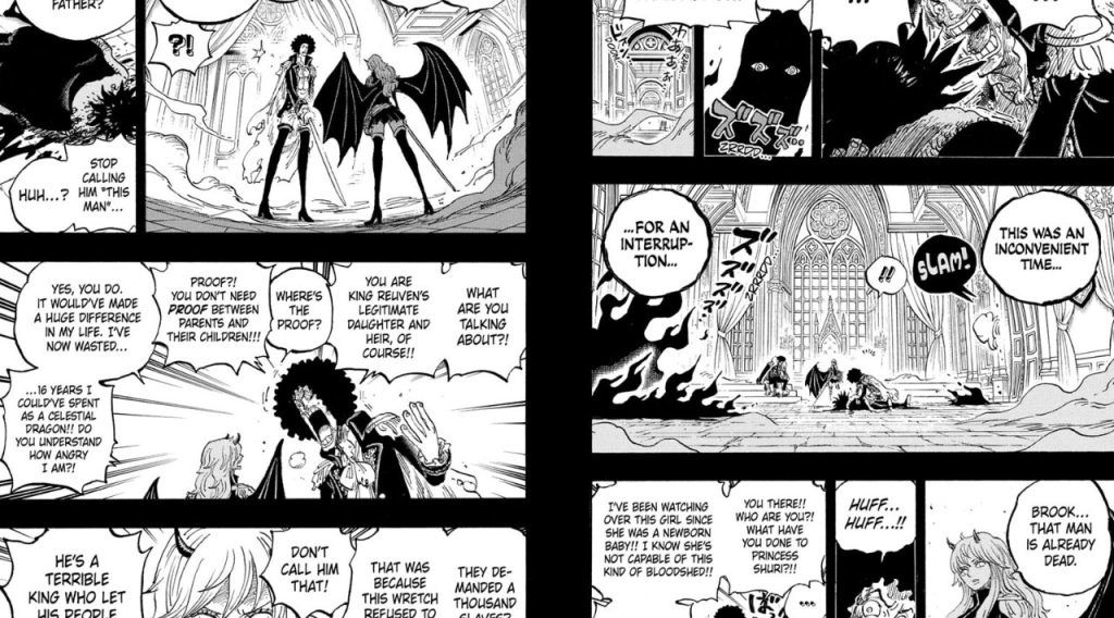 Brook reacting to Reuven's death in One Piece Chapter 1186. 