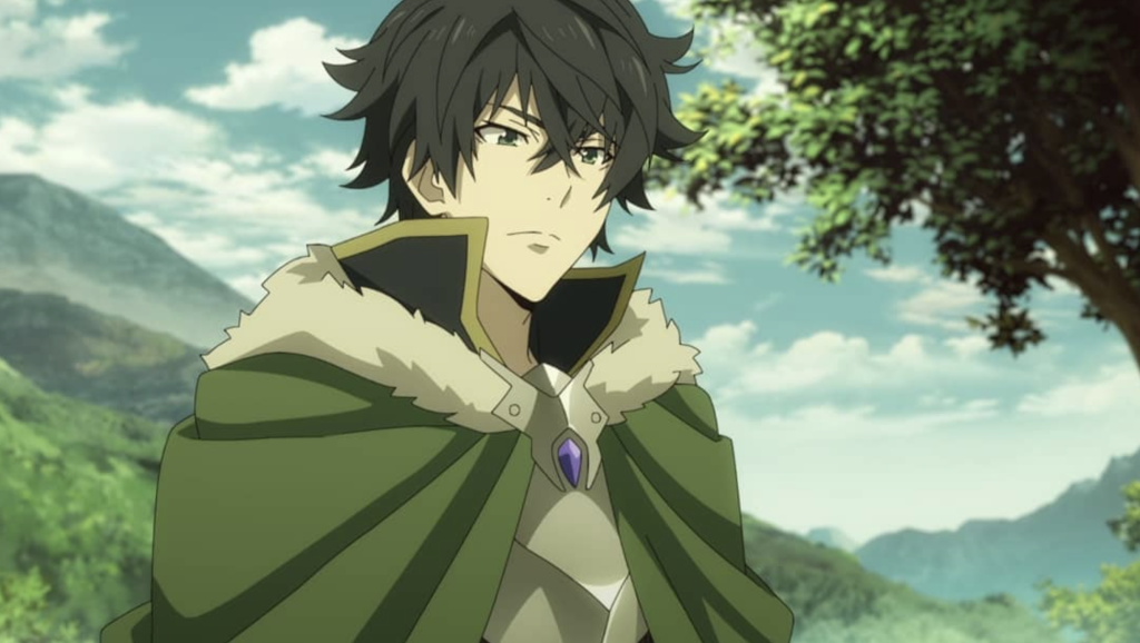 Naofumiwearing his signature green cloak with a fur collar from the anime series The Rising of the Shield Hero.