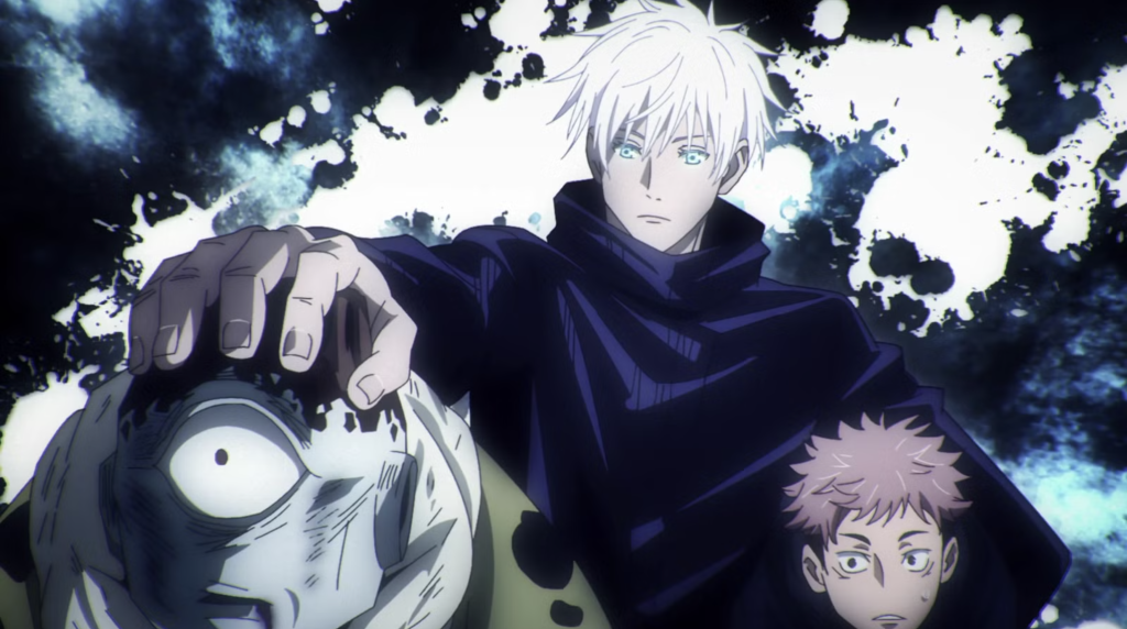 This scene features Satoru Gojo from the anime series Jujutsu Kaisen. Gojo is shown immobilizing the special grade cursed spirit Jogo by decapitating him.