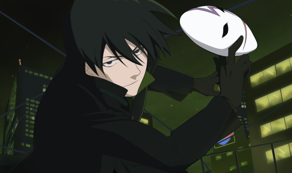 Hình ảnh này khắc họa nhân vật Hei từ loạt phim hoạt hình Darker than Black. Anh ấy được miêu tả đang mặc chiếc áo khoác dài màu đen đặc trưng của mình và cầm chiếc mặt nạ trắng của người làm hợp đồng.