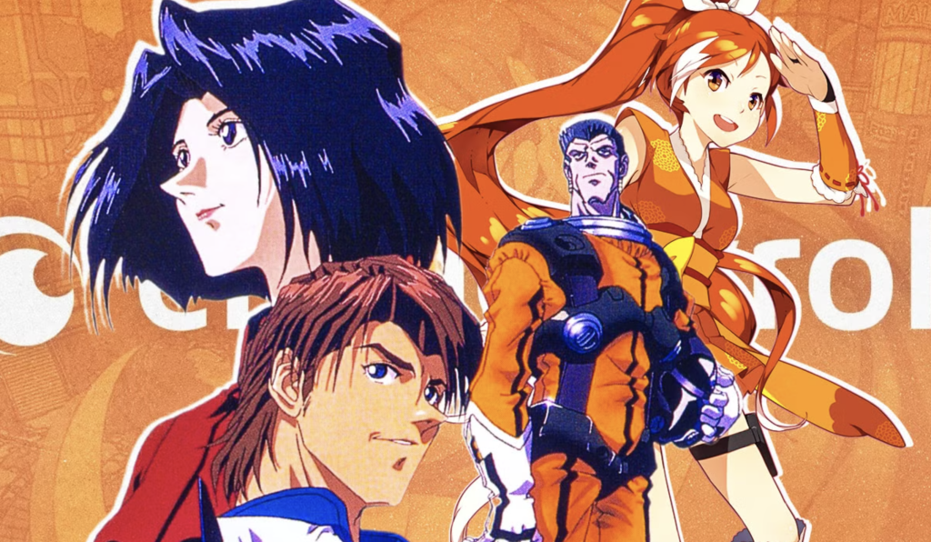 This artwork features characters from the Macross Plus anime series, including the main protagonist Isamu Dyson.