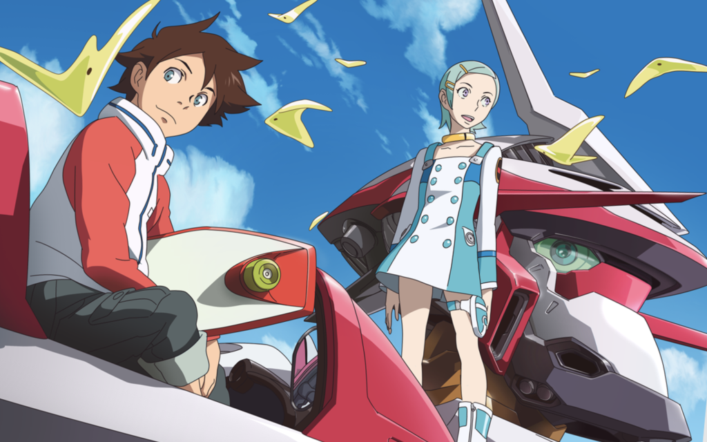 This image features the characters Renton Thurston and Eureka from the anime series Eureka Seven. It highlights the mecha Nirvash, which Renton and Eureka co-pilot.
