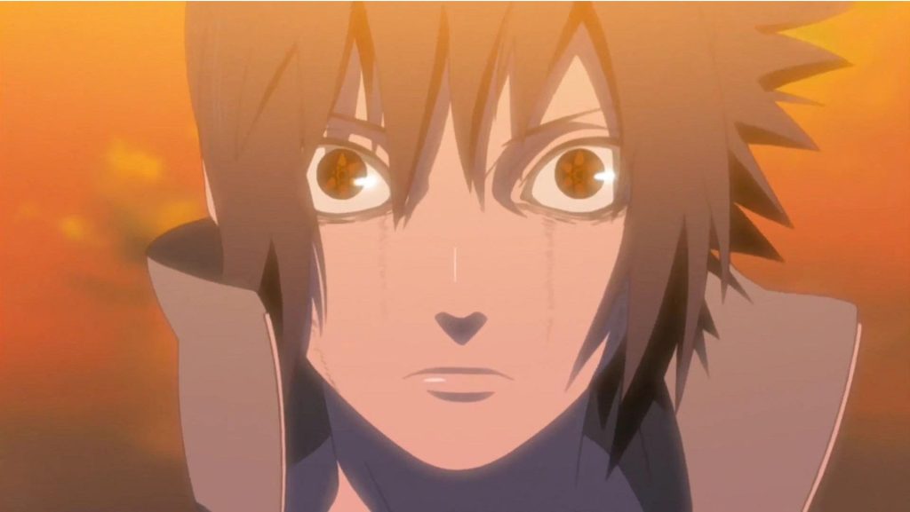 Sasuke awakens his Mangekyo Sharingan for the first time in Naruto Shippuden. 