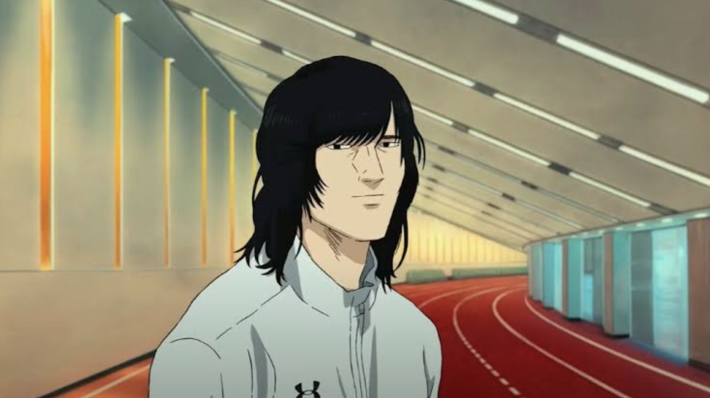 This character is Zaitsu from the anime film 100 Meters (Hyakuemu), who is depicted wearing a white Under Armour jacket.