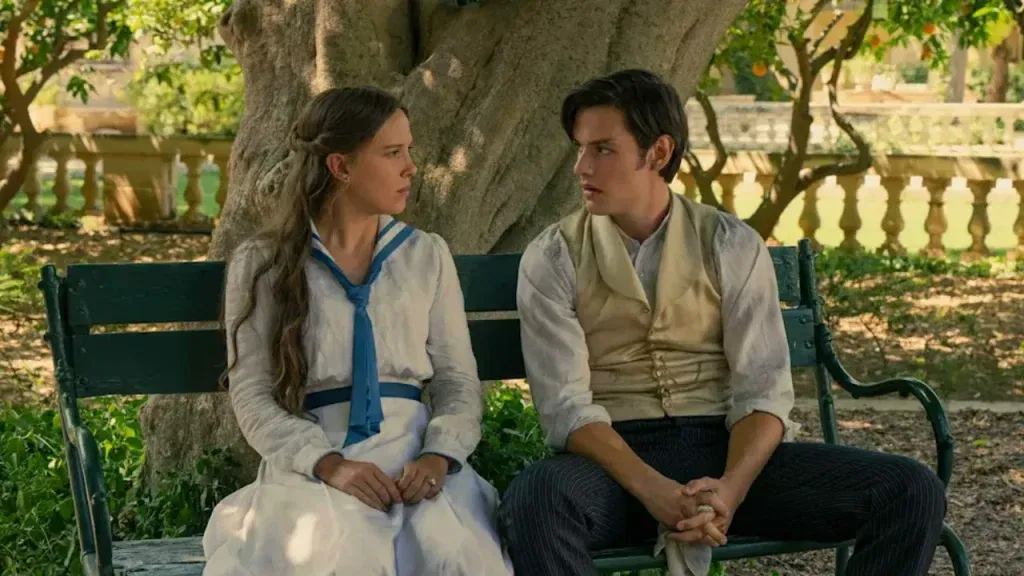 Millie Bobby Brown and Louis Partridge as Enola and Tewkesbury in Enola Holmes 3