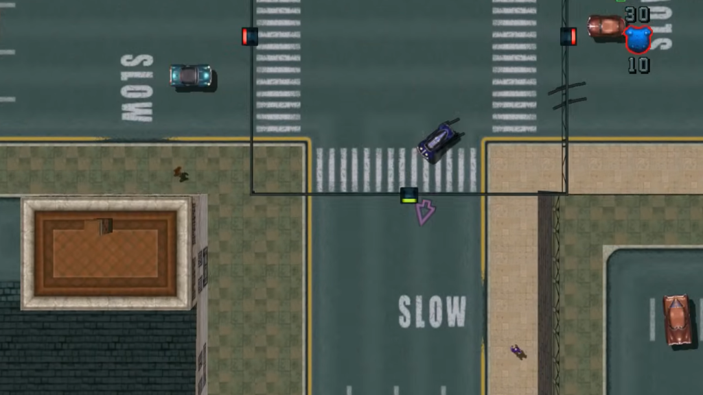 GTA 2 top-down-view gameplay screenshot.