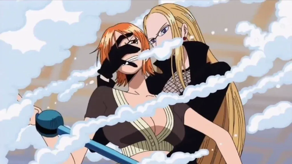 Kalifa is shown using her Bubble Bubble Fruit powers to make Nami's body slippery and drain her strength.