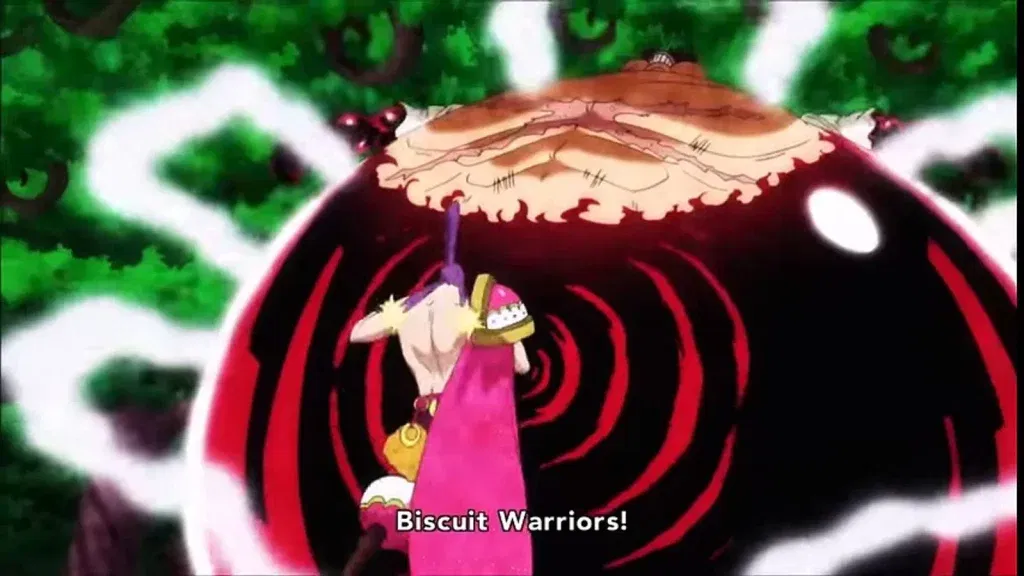 Luffy uses the technique Gomu Gomu no Cannonball to defeat Cracker by absorbing him into his stomach and launching him away.