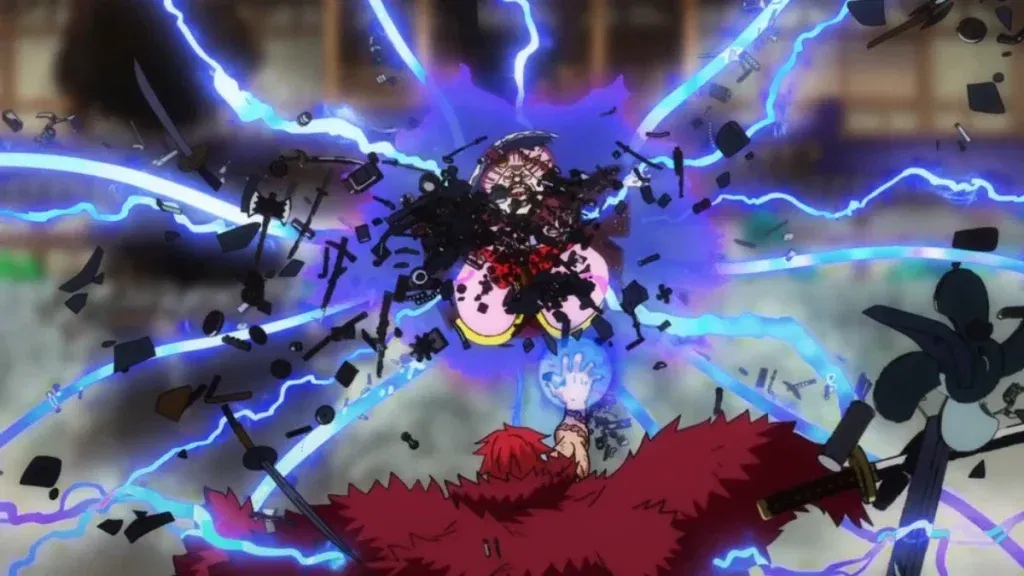 Kid is using the awakened form of his Jiki Jiki no Mi (Magnet-Magnet Fruit) to turn Big Mom into a magnet and crush her with scrap metal.