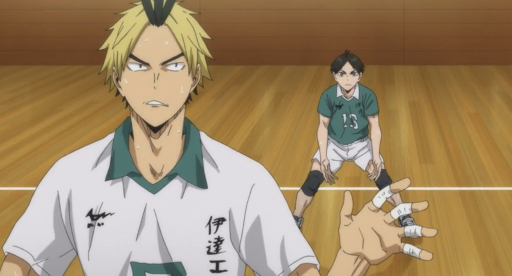 This image shows Kanji Koganegawa, the tall setter for Date Tech High, during a volleyball match.