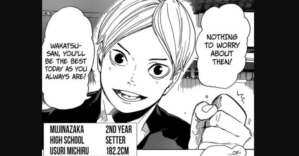 This image features Michiru Usuri, the second-year setter for Mujinazaka High School from the popular volleyball manga and anime series Haikyu!!. Known for his analytical skills and manipulative playstyle, he is a key player for his team, standing at 182.2 cm tall.